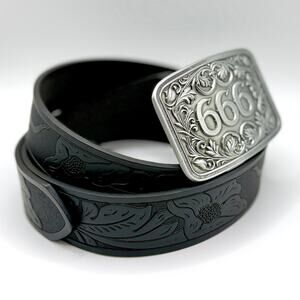 TornSlayer Silver 666 Western Buckle with PU Leather Black Snap-On Belt